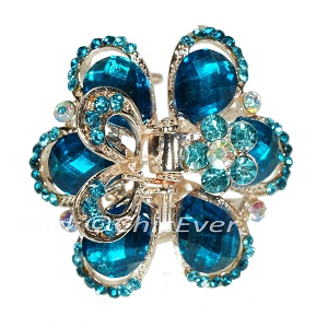 Haargreifer Blume Haarkneifer Haarklammer Metall & Strass blau türkis gold 5146